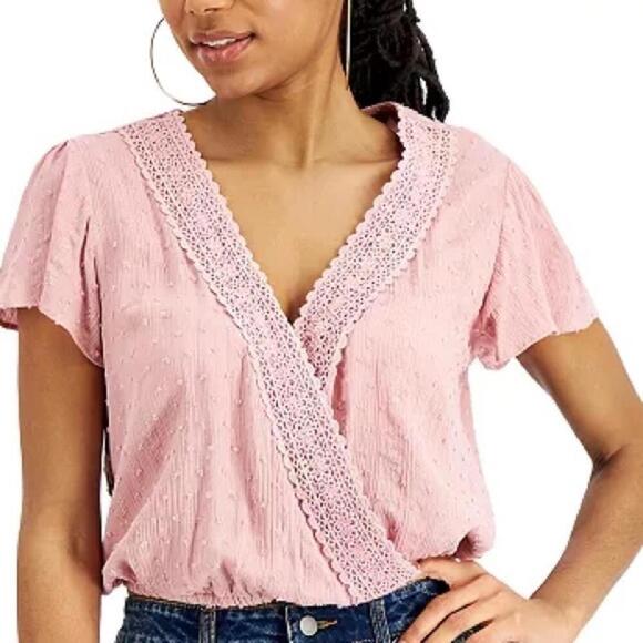 KINGSTON GREY Juniors' Swiss-Dot Flutter-Sleeve Top, women’s shirt pink - Picture 2 of 6